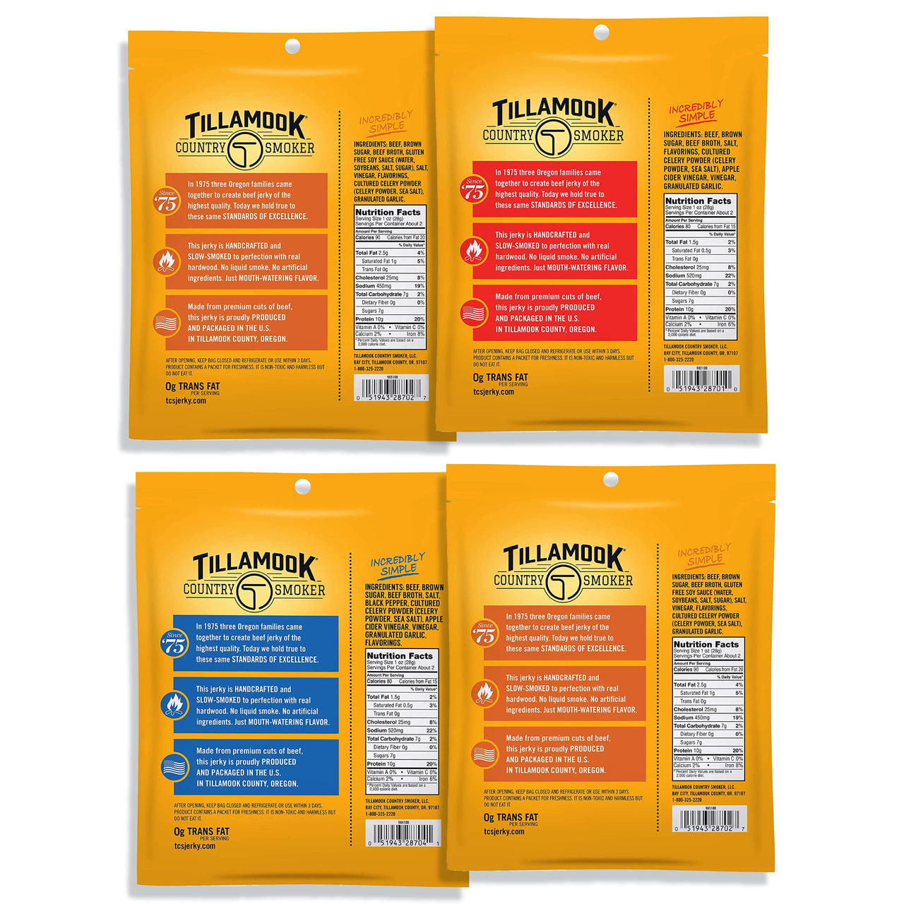 Tillamook Country Smoker Real Hardwood Smoked Beef Jerky Variety Pack, 2.5 Ounce (Pack of 4)