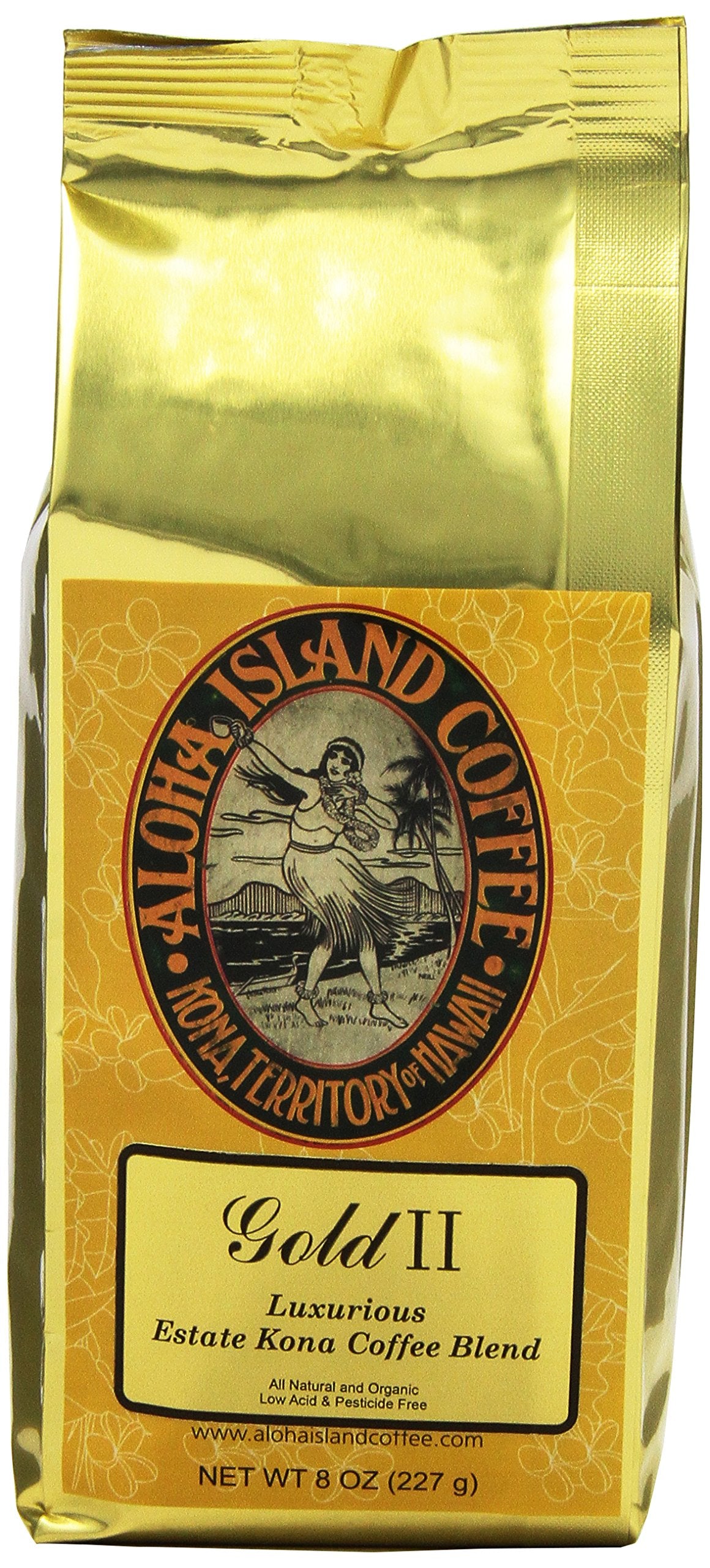 Aloha Island Coffee Company Gold II, Luxurious Estate Kona Coffee Blend, 8-Ounce Bag