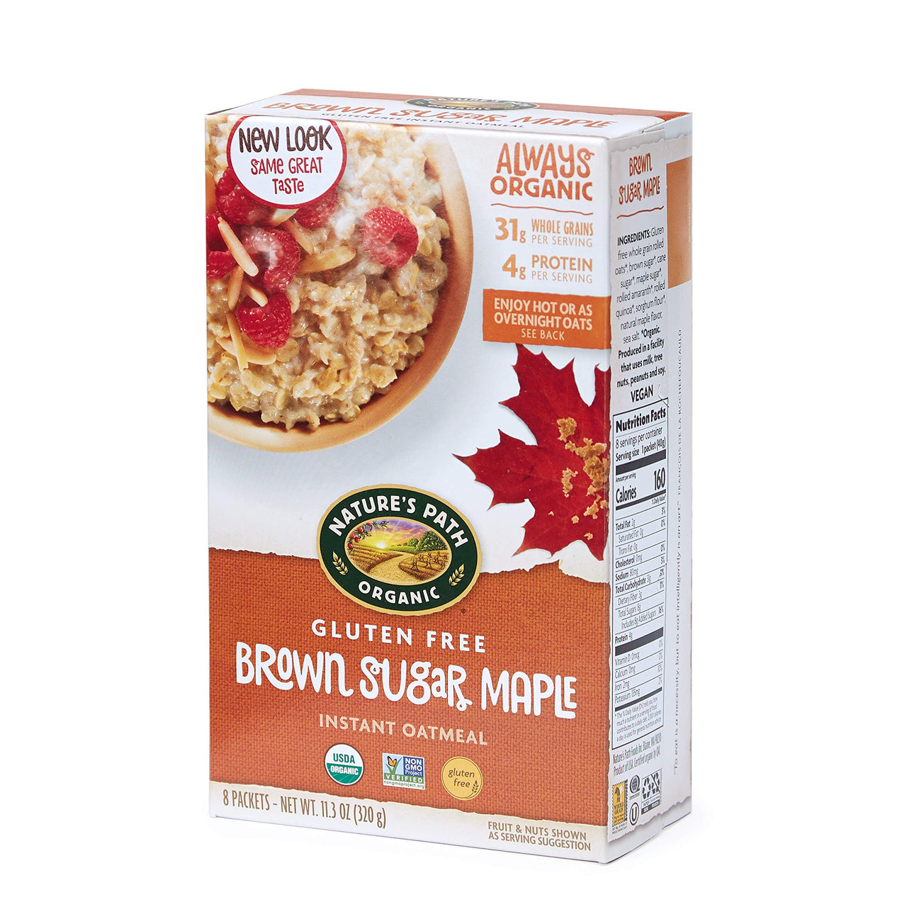 Nature's  Path Organic Gluten Free Brown Sugar Maple Instant Oatmeal, 8 Packets, Non-GMO, 31g Whole Grains, 4g Plant Based Protein, 11.3 Ounce