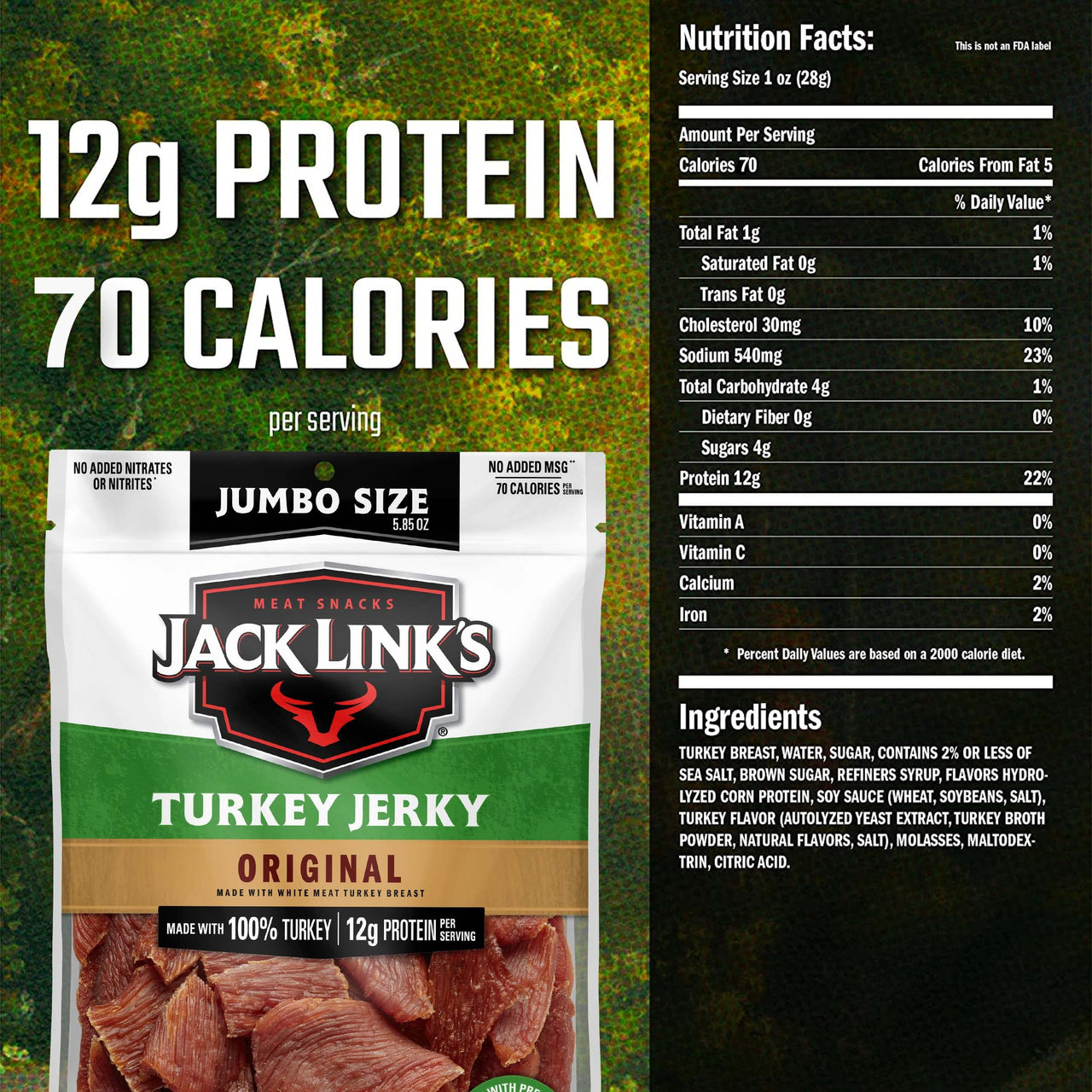 Jack Links Turkey Jerky, Original  Flavorful Meat Snack with 12g of Protein and 70 Calories, Made with 100% Turkey - 96% Fat Free, No Added MSG** or Nitrates/Nitrites, 5.85 oz. Sharing Size Bag
