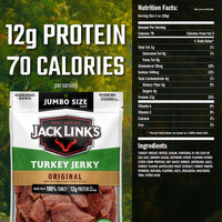 Jack Links Turkey Jerky, Original  Flavorful Meat Snack with 12g of Protein and 70 Calories, Made with 100% Turkey - 96% Fat Free, No Added MSG** or Nitrates/Nitrites, 5.85 oz. Sharing Size Bag