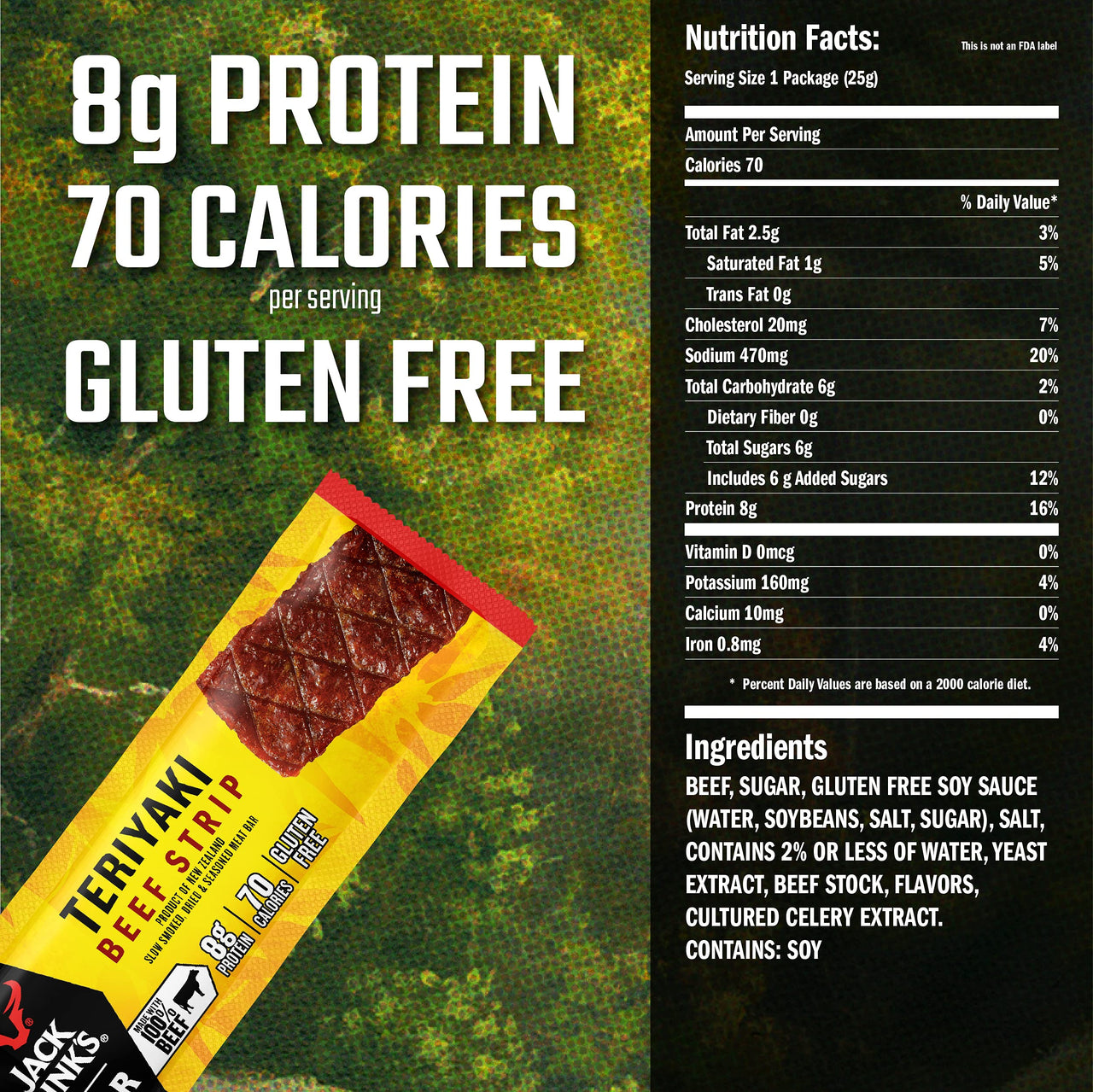 Jack Link's  Beef Jerky Bars, Teriyaki - 8g of Protein and 80 Calories Per Protein Bar, Made with Premium Beef, No added MSG - Keto Friendly and Gluten Free Snacks (Pack of 12)