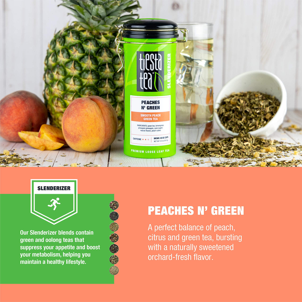 Tiesta Tea - Peaches N Green, Loose Leaf Smooth Peach Green Tea, Medium caffeine, Hot & Iced Tea, 3 oz Tin - 50 Cups, Green Tea Loose Leaf