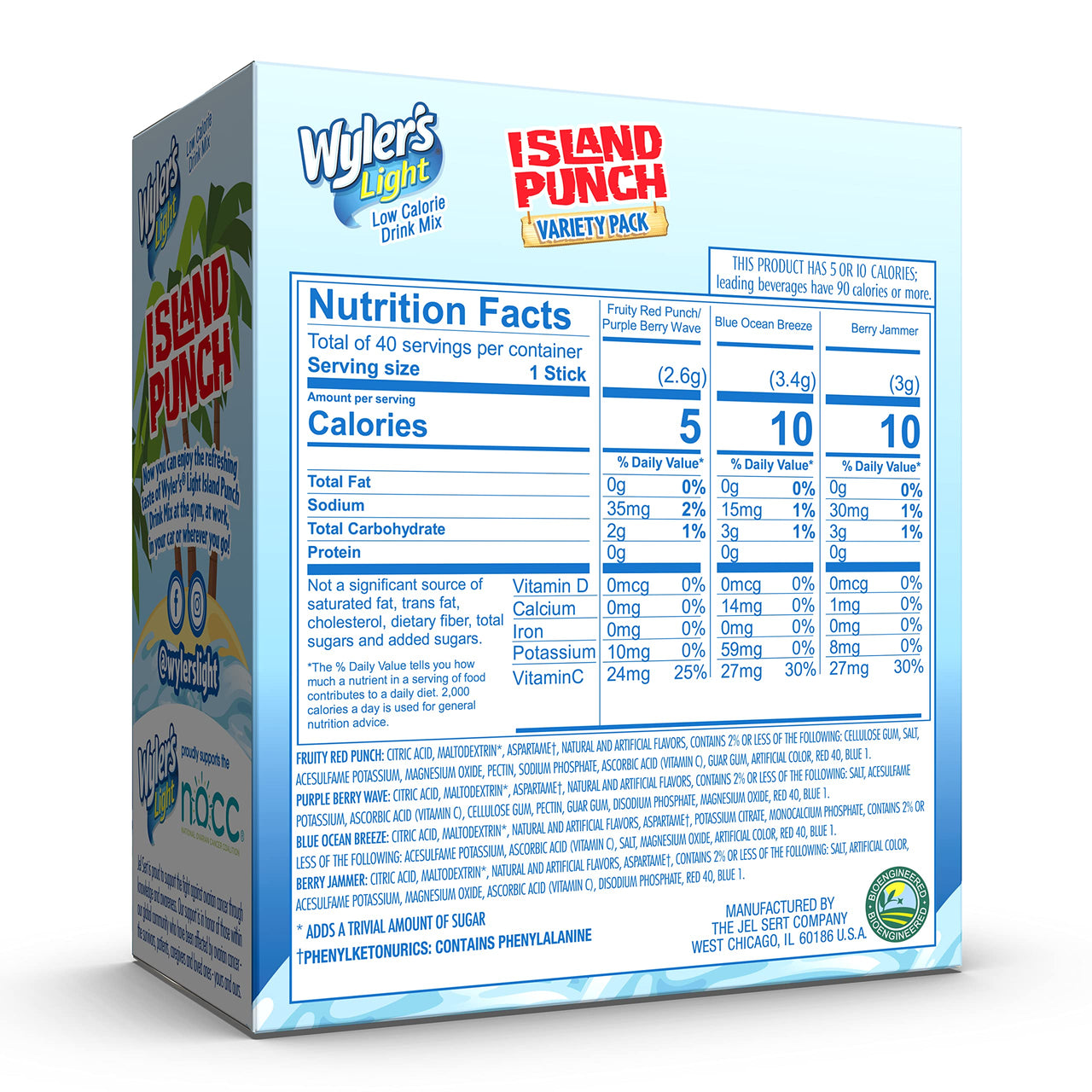 Wyler's  Light Island Punch Singles to Go, Variety Pack, Fruity Red Punch, Purple Berry Wave, Berry Jammer and Blue Ocean Breeze, 1 Box (40 Single Servings)