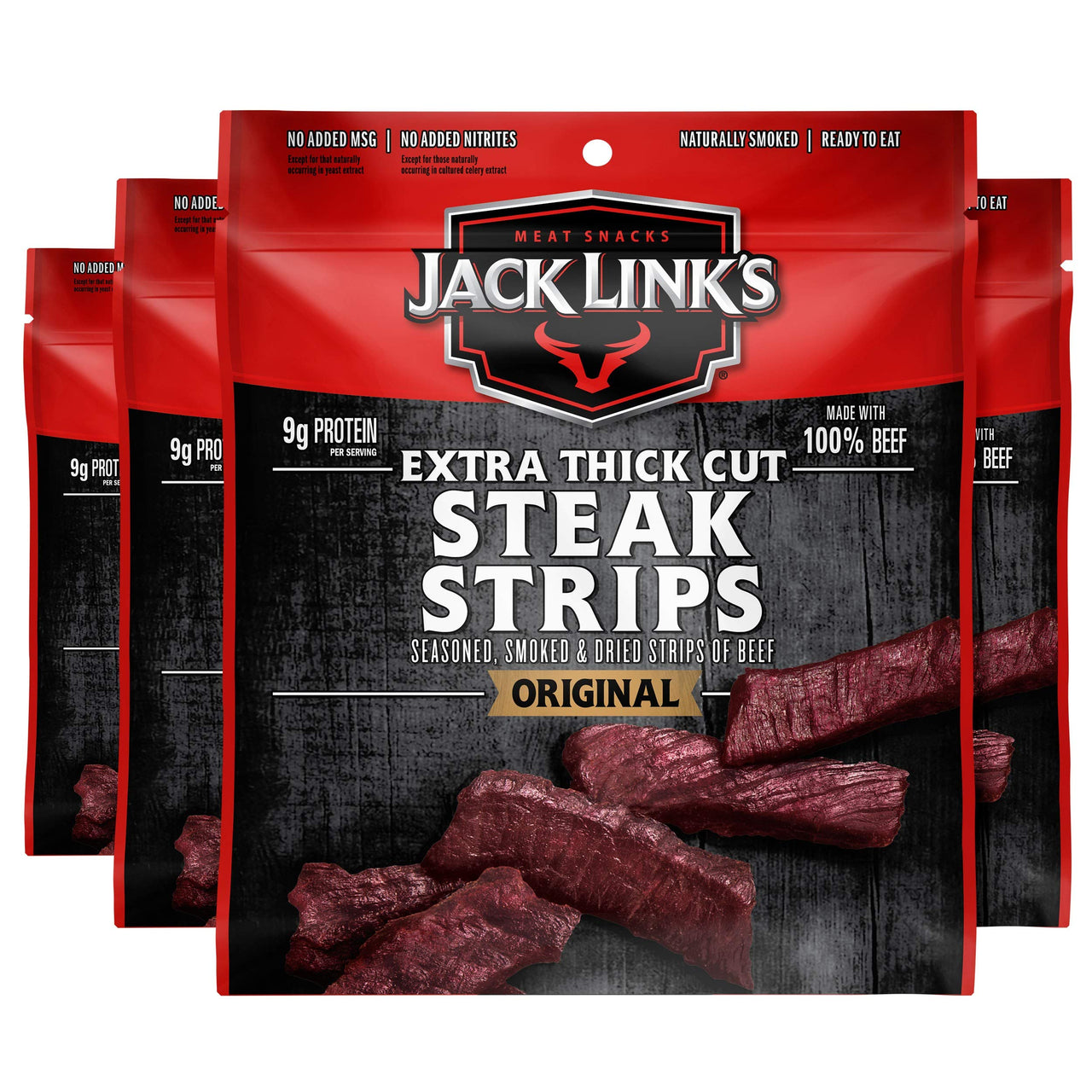 Jack Link's  Extra Thick Cut Steak Strips, Beef Jerky, Original Flavor, Ready to Eat Snack Bags, 9g of Protein, 70 Calories, Made with Premium Beef, 96 Percent Fat Free, 2.6 Oz (Pack of 4)