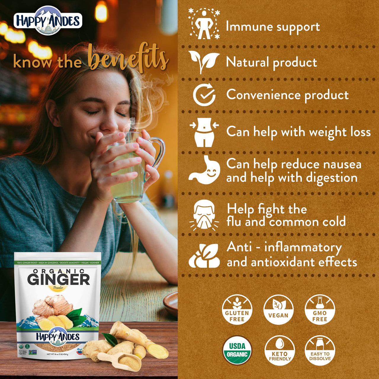 Happy Andes/ Andean Star USDA Organic Ginger Powder, Pure Ground Dried Root, Highly Aromatic, Strong Immunity, 100% from Peru, Tea, Superfood, Non-GMO, Gluten Free, Kosher, Keto, 1 lb