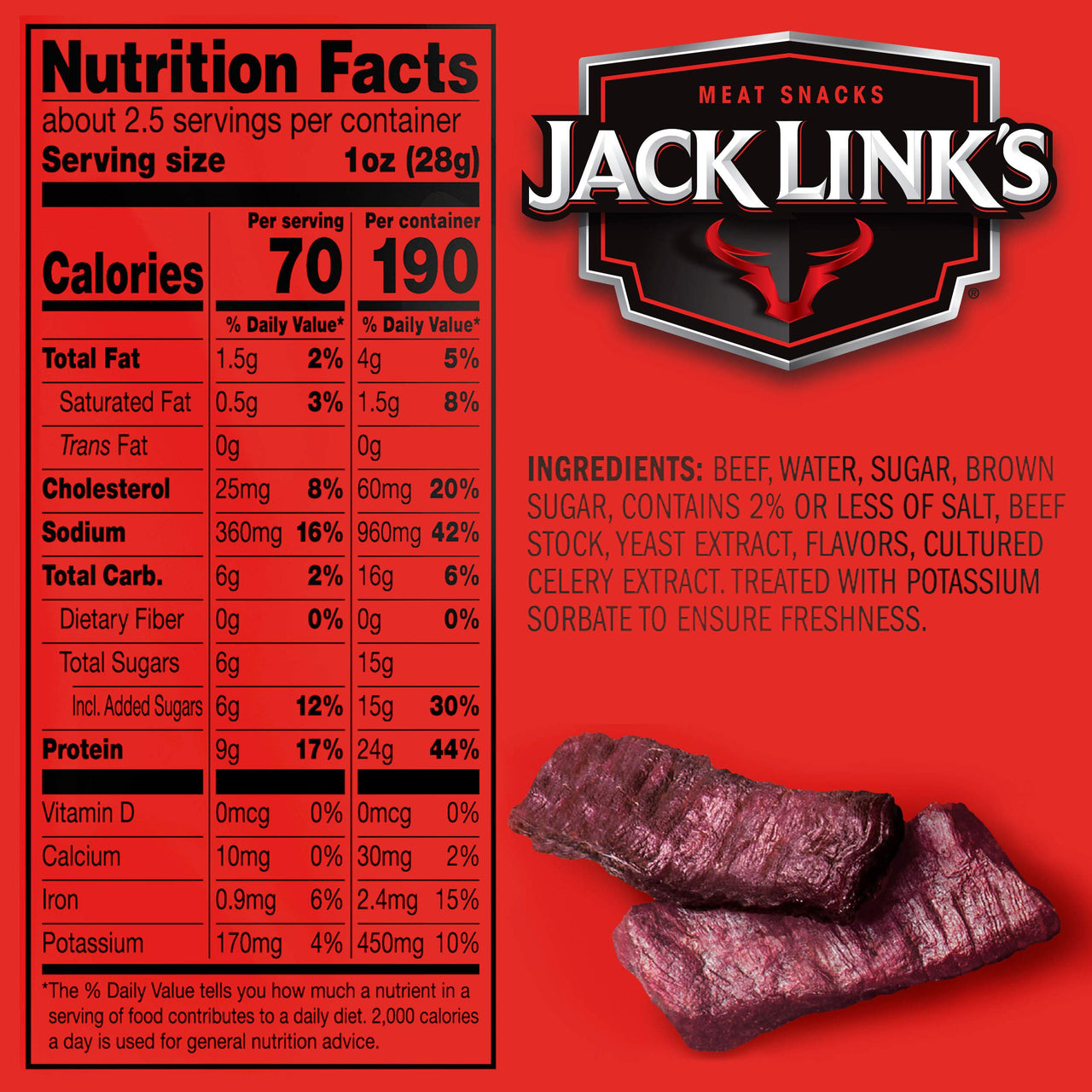 Jack Link's  Extra Thick Cut Steak Strips, Beef Jerky, Original Flavor, Ready to Eat Snack Bags, 9g of Protein, 70 Calories, Made with Premium Beef, 96 Percent Fat Free, 2.6 Oz (Pack of 4)
