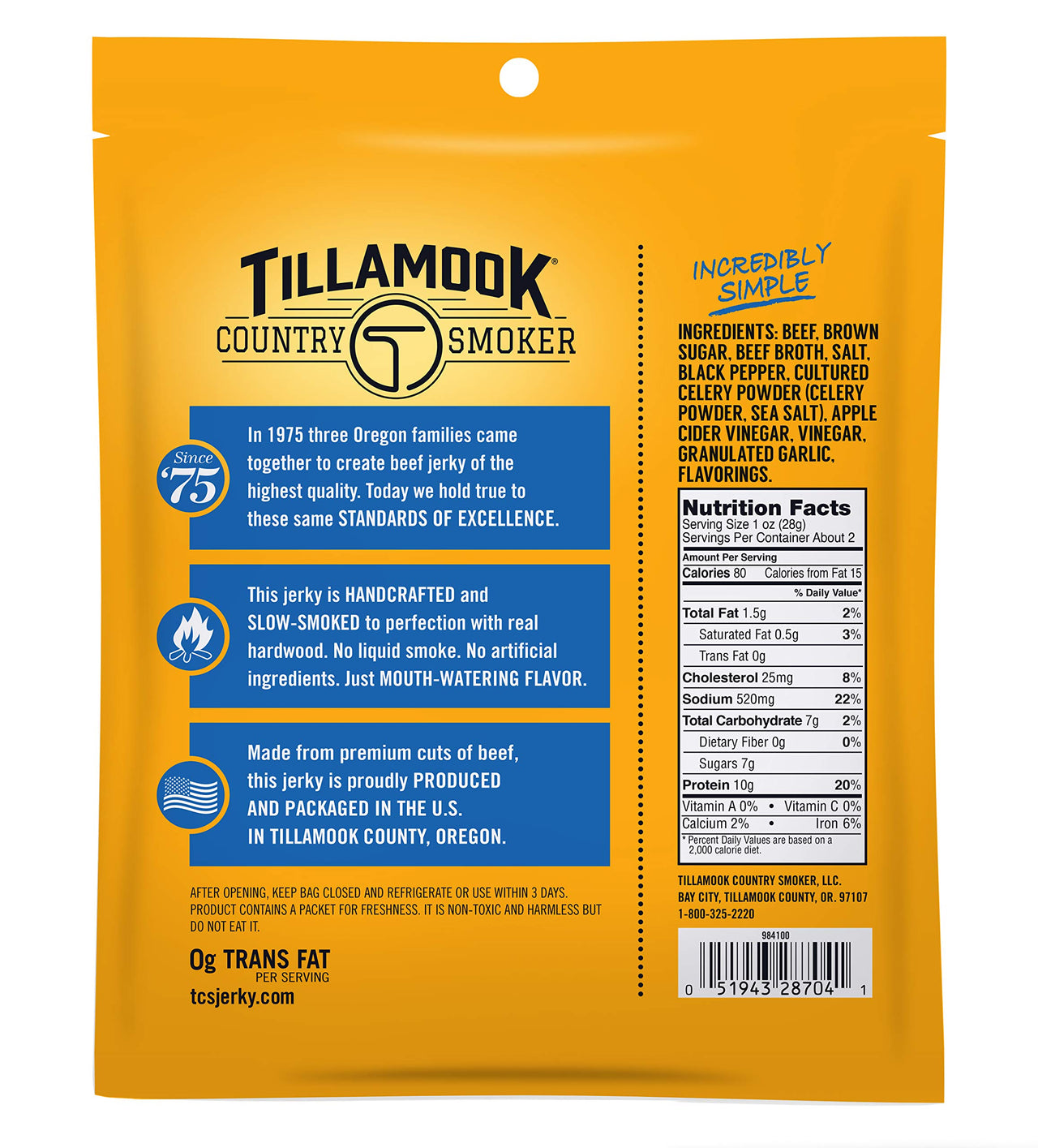 Tillamook Country Smoker Real Hardwood Smoked Beef Jerky, Sea Salt & Cracked Pepper, 2.5 Ounce