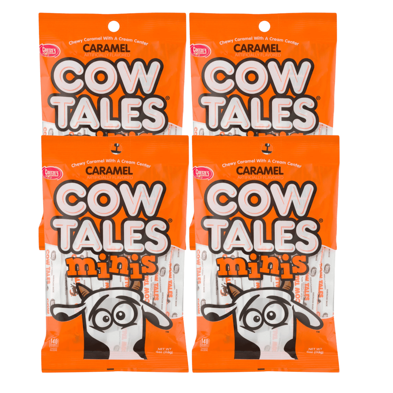 Goetze Cow Tales Minis Chewy Caramel with Cream Center Candies Great for Snacking Halloween Trick or Treats, Christmas Stockings Birthday Goody Bag Filler & Party Favor 4oz Pack of 4