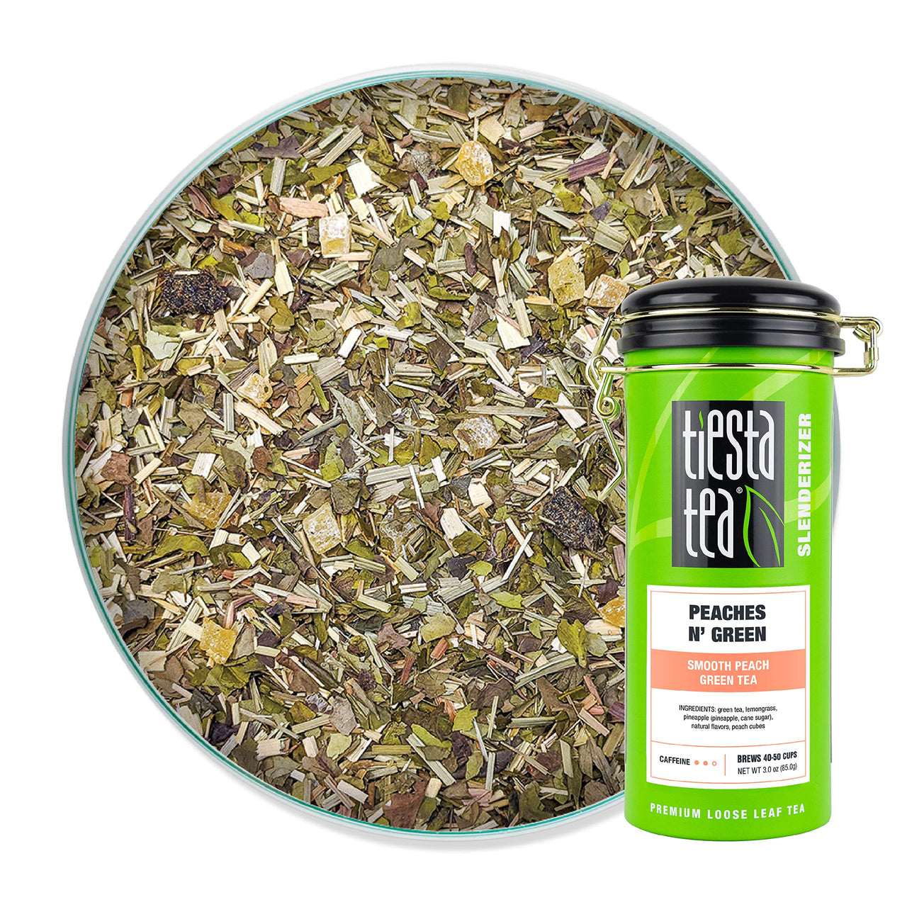 Tiesta Tea - Peaches N Green, Loose Leaf Smooth Peach Green Tea, Medium caffeine, Hot & Iced Tea, 3 oz Tin - 50 Cups, Green Tea Loose Leaf