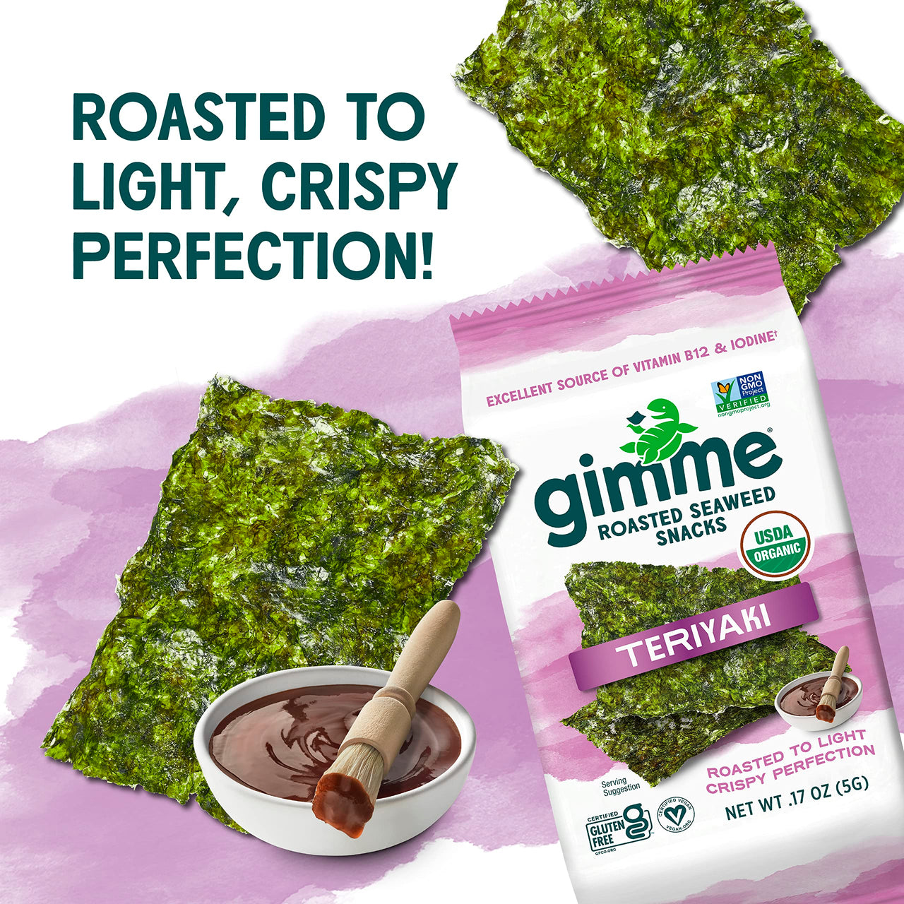 gimMe - Teriyaki - 12 Count (17oz)- Organic Roasted Seaweed Sheets - Keto, Vegan, Gluten Free - Great Source of Iodine & Omega 3s - Healthy On-The-Go Snack for Kids & Adults