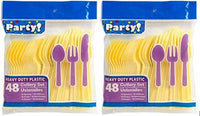 CGT Yellow Heavy Duty Plastic Cutlery Set Utensils Spoons Forks Knives Disposable Birthday Parties Cookouts Picnics Baby Shower Holidays Halloween Thanksgiving Christmas Easter Valentine(96-Piece Set)